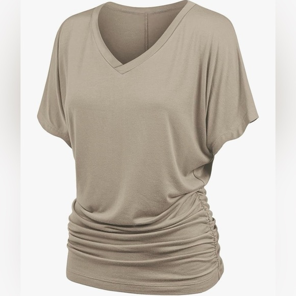 Solid Short Sleeve Boat Neck/V Neck Dolman Top T Shirt with Side Shirring - Picture 2 of 6